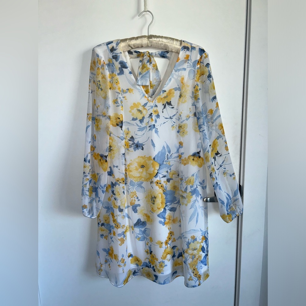 White Long-sleeve Yellow and Blue Floral Print Dress